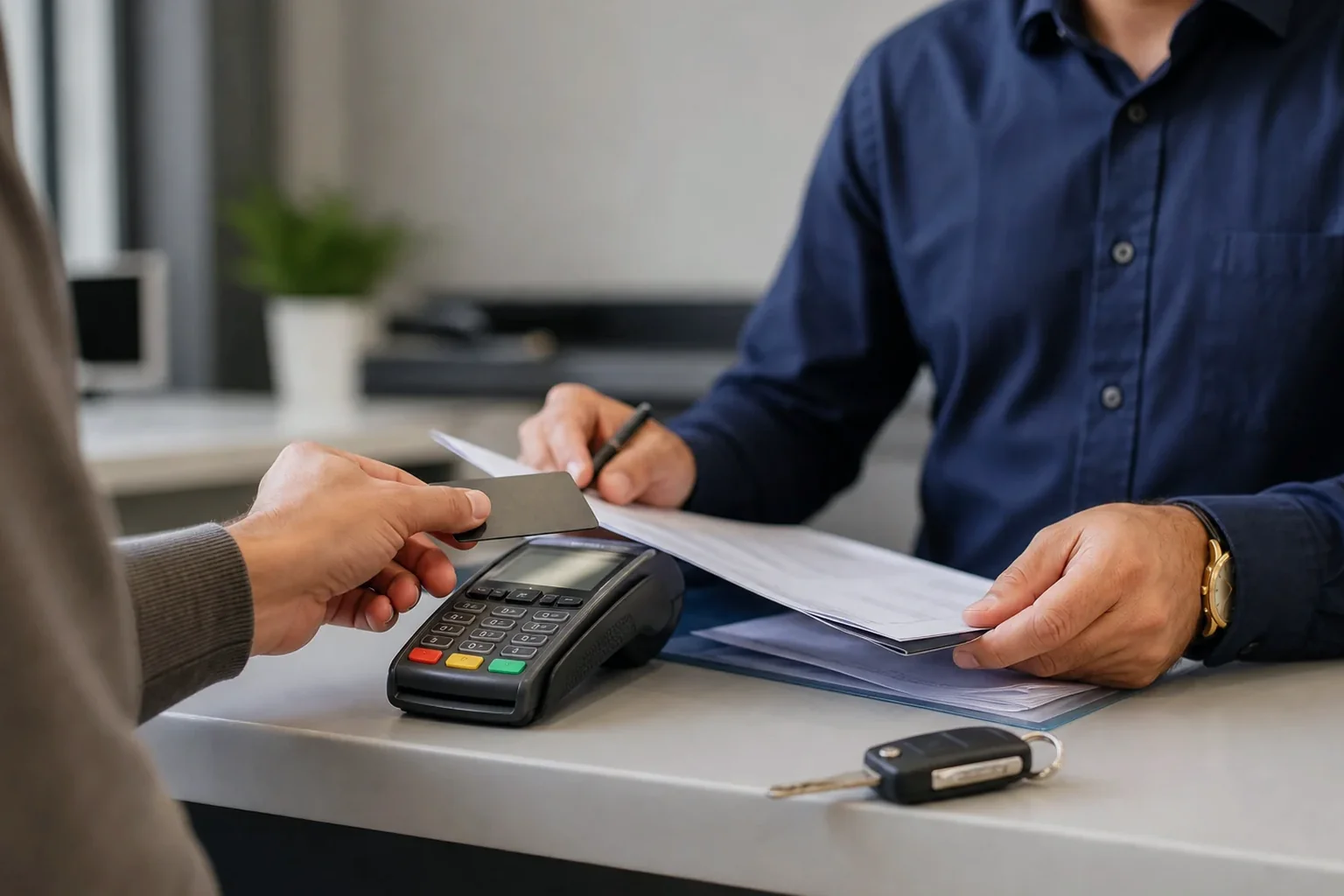 Despachante auxiliando cliente em pagamento de débitos, com papéis na mesa.