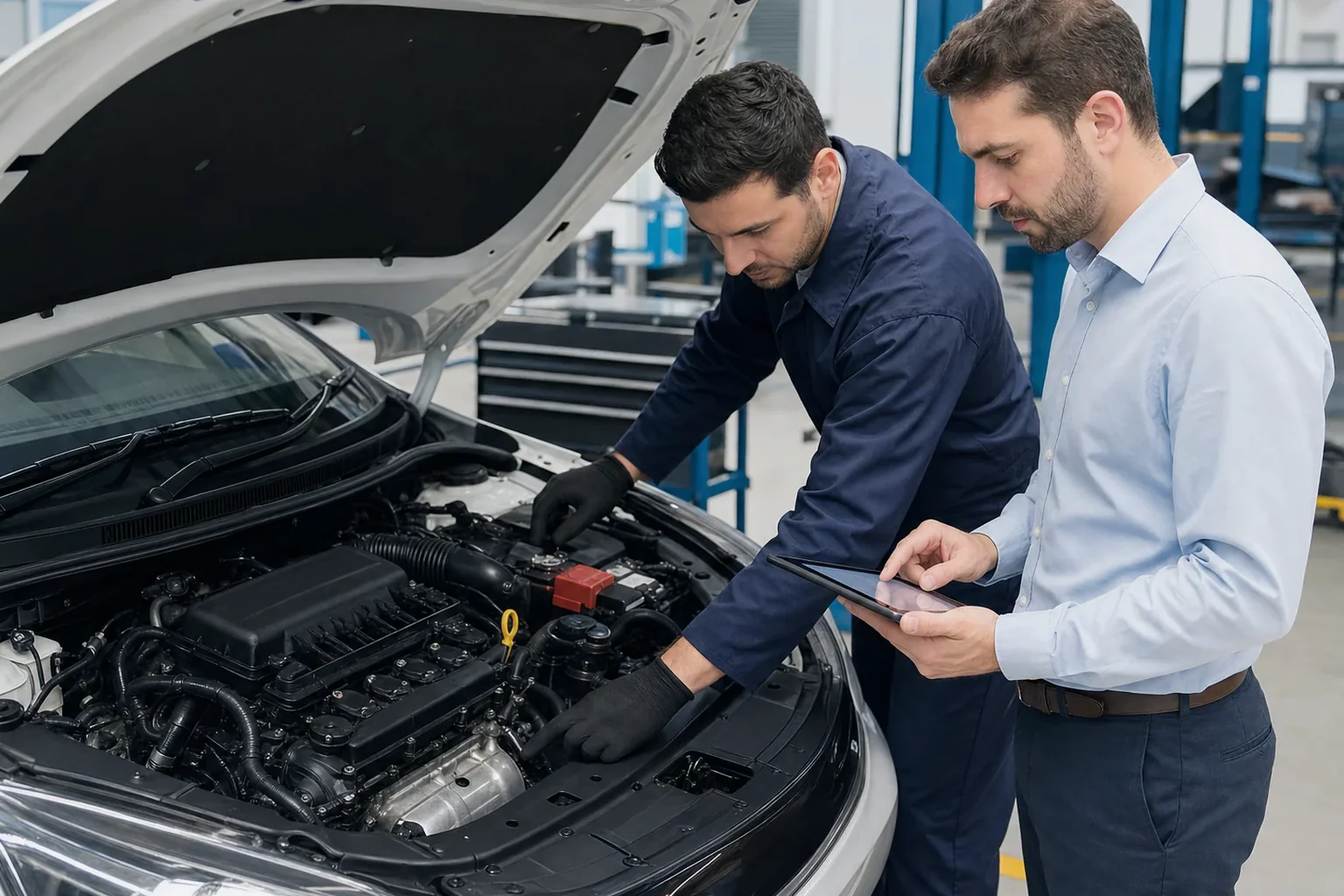 Despachante fazendo o cadastro de motor, com documentos e computador.