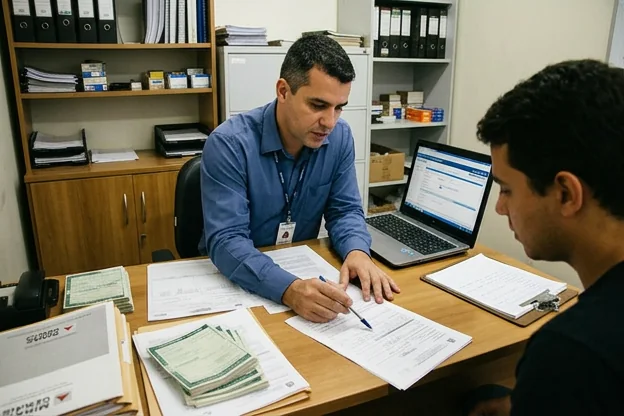 Despachante orientando sobre como evitar multas, com documentos em mesa.