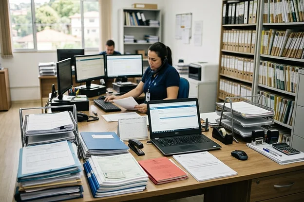 Documentos de despachante em ação, com um profissional ao fundo.