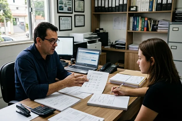 Profissional explicando o processo de licenciamento para um cliente, com documentos na mesa.