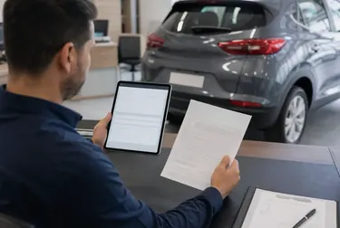 Profissional orientando sobre licenciamento de veículos, com documentos na mesa.
