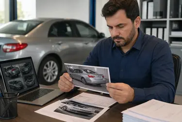 Profissional trabalhando em desbloqueio de sinistro, com computador e documentos.